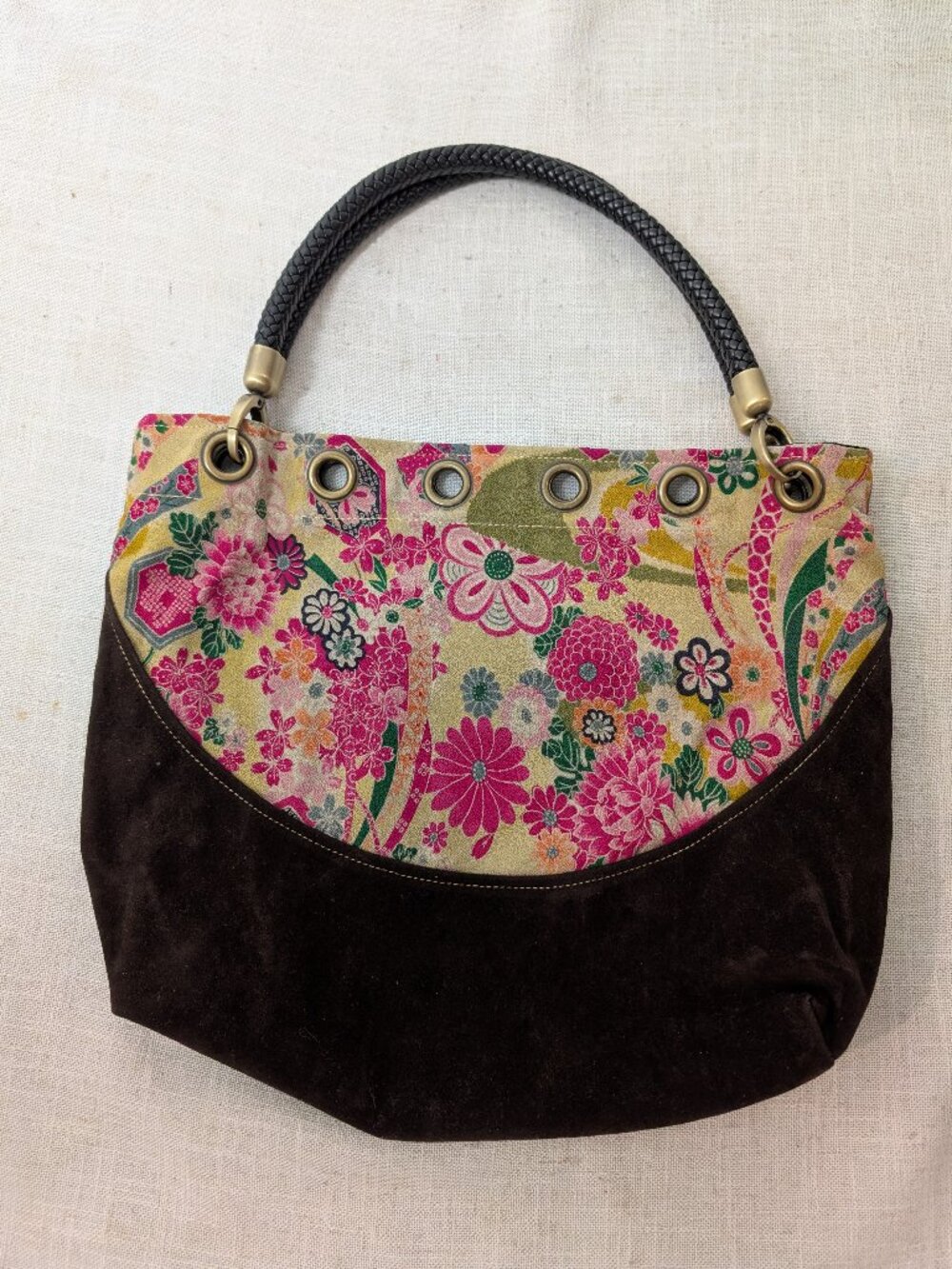 Eastern Serenity Floral Brown Faux Suede Handbag Satchel